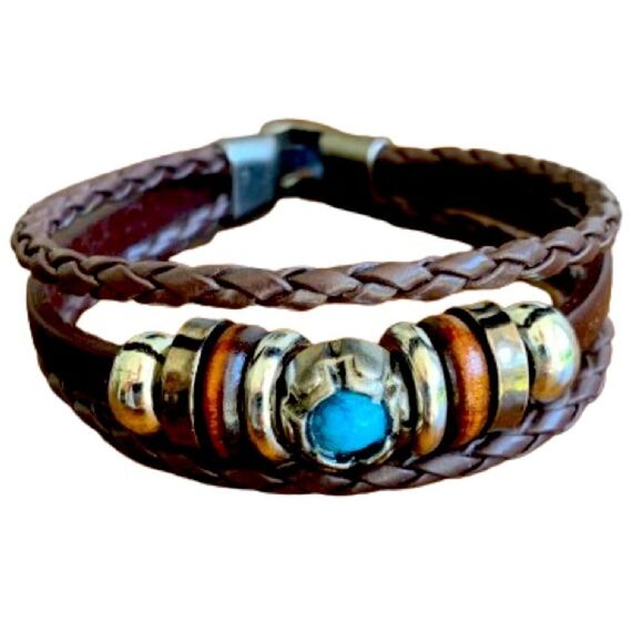 Men's Ibiza Multi-Strand Cuff Bracelet Turquoise Beads Brown PU Leather Boho NEW - Picture 1 of 10